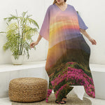 Sunrise Mountain Print Silk V-Neck Kaftan Dress