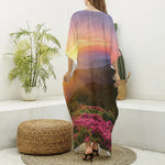 Sunrise Mountain Print Silk V-Neck Kaftan Dress