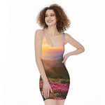 Sunrise Mountain Print Sleeveless Bodycon Dress