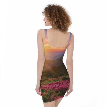 Sunrise Mountain Print Sleeveless Bodycon Dress