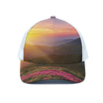 Sunrise Mountain Print White Mesh Trucker Cap