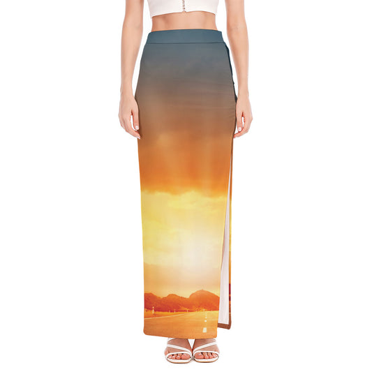 Sunrise Road Print High Slit Maxi Skirt