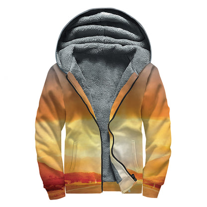 Sunrise Road Print Sherpa Lined Zip Up Hoodie