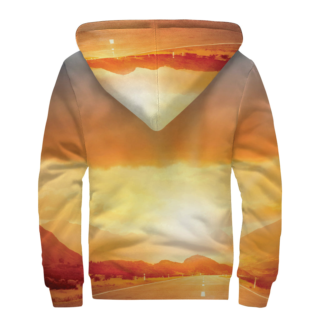 Sunrise Road Print Sherpa Lined Zip Up Hoodie