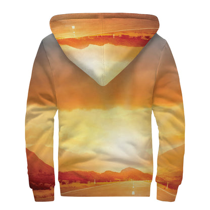 Sunrise Road Print Sherpa Lined Zip Up Hoodie