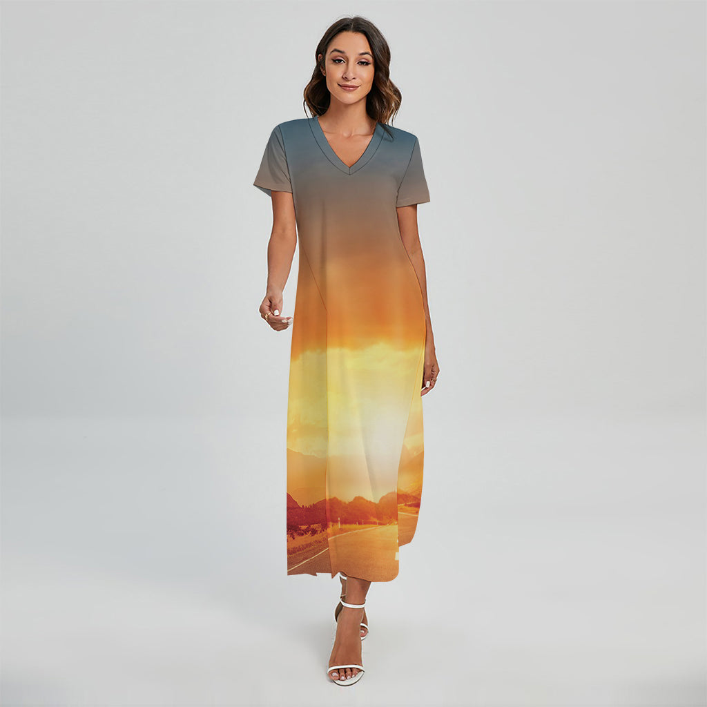 Sunrise Road Print Short Sleeve Maxi Dress