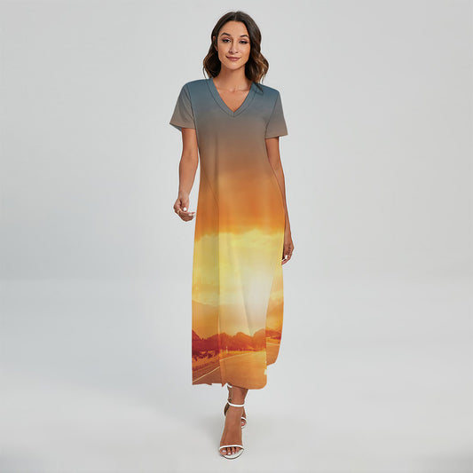 Sunrise Road Print Short Sleeve Maxi Dress
