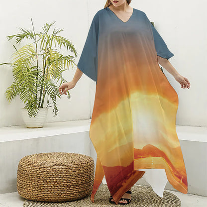 Sunrise Road Print Silk V-Neck Kaftan Dress