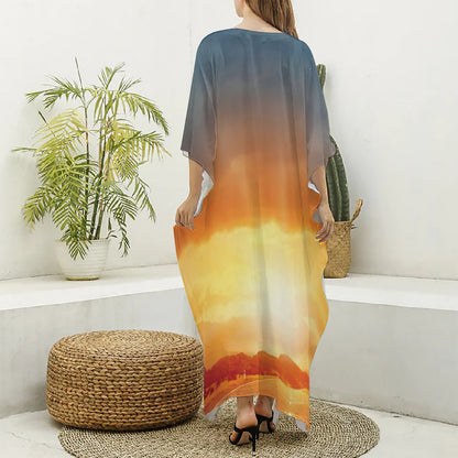 Sunrise Road Print Silk V-Neck Kaftan Dress