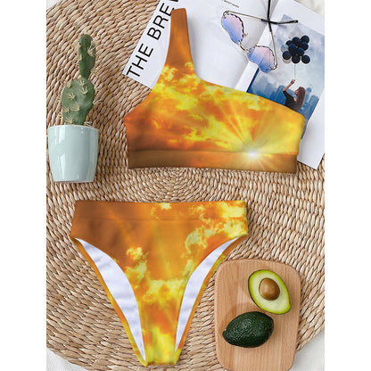 Sunrise Sky Print One Shoulder Bikini Top