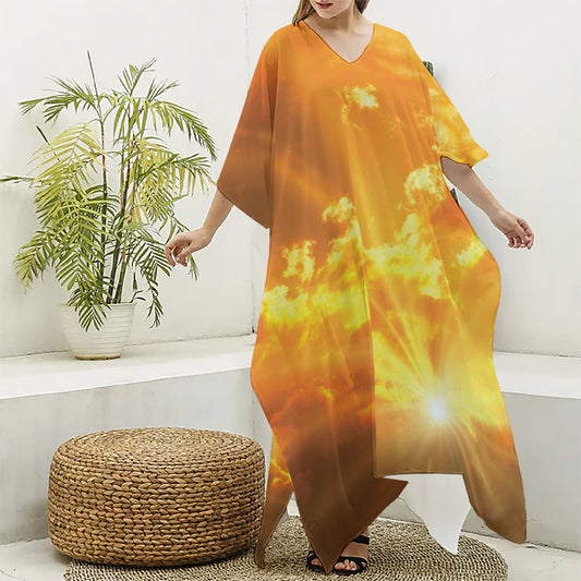 Sunrise Sky Print Silk V-Neck Kaftan Dress