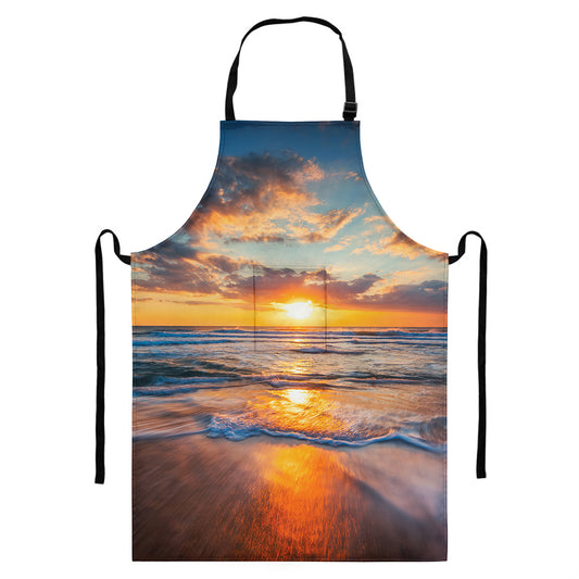 Sunrise Wave Print Bib Apron With Pocket