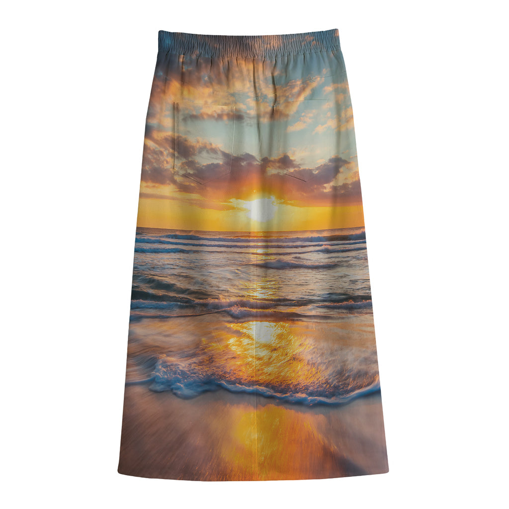 Sunrise Wave Print Cotton Front Slit Maxi Skirt