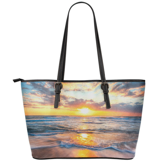 Sunrise Wave Print Leather Tote Bag