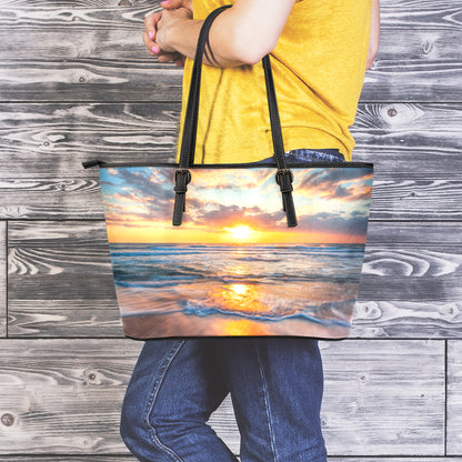 Sunrise Wave Print Leather Tote Bag