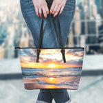 Sunrise Wave Print Leather Tote Bag