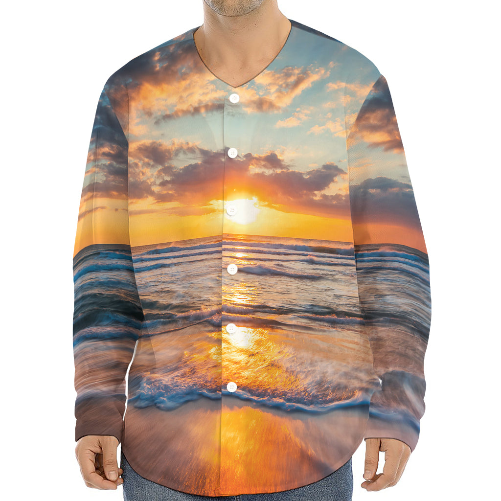 Sunrise Wave Print Long Sleeve Baseball Jersey