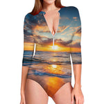 Sunrise Wave Print Long Sleeve Swimsuit