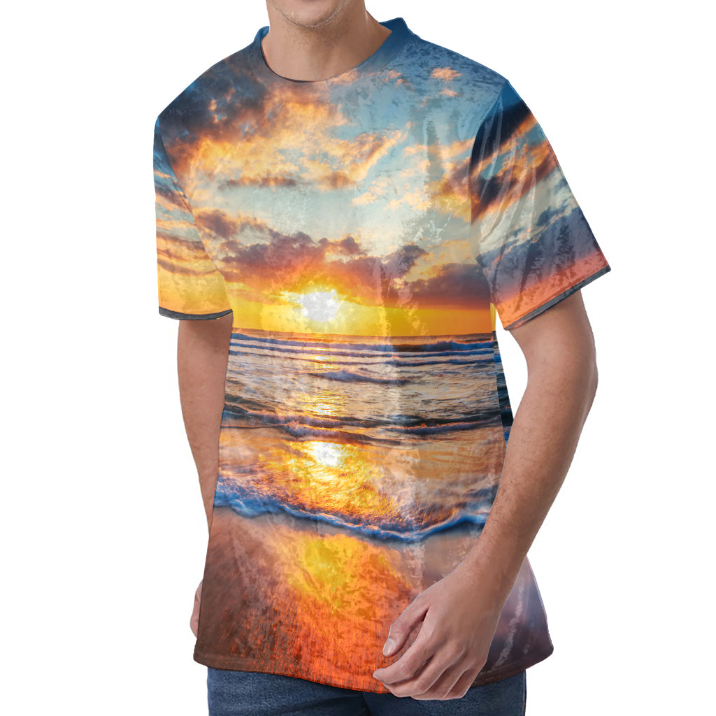 Sunrise Wave Print Men's Velvet T-Shirt