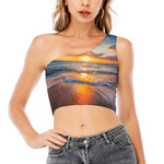 Sunrise Wave Print One Shoulder Crop Top