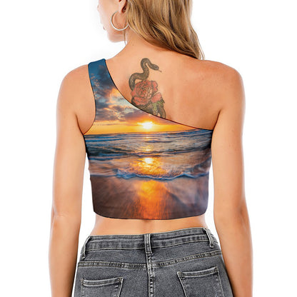 Sunrise Wave Print One Shoulder Crop Top