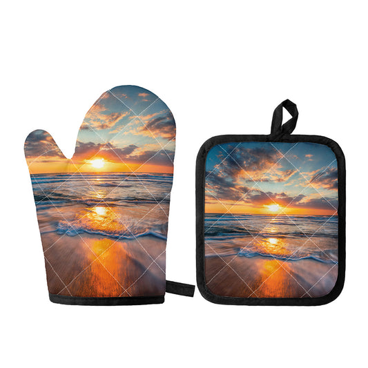 Sunrise Wave Print Oven Mitt And Pot Holder Set