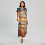 Sunrise Wave Print Short Sleeve Maxi Dress