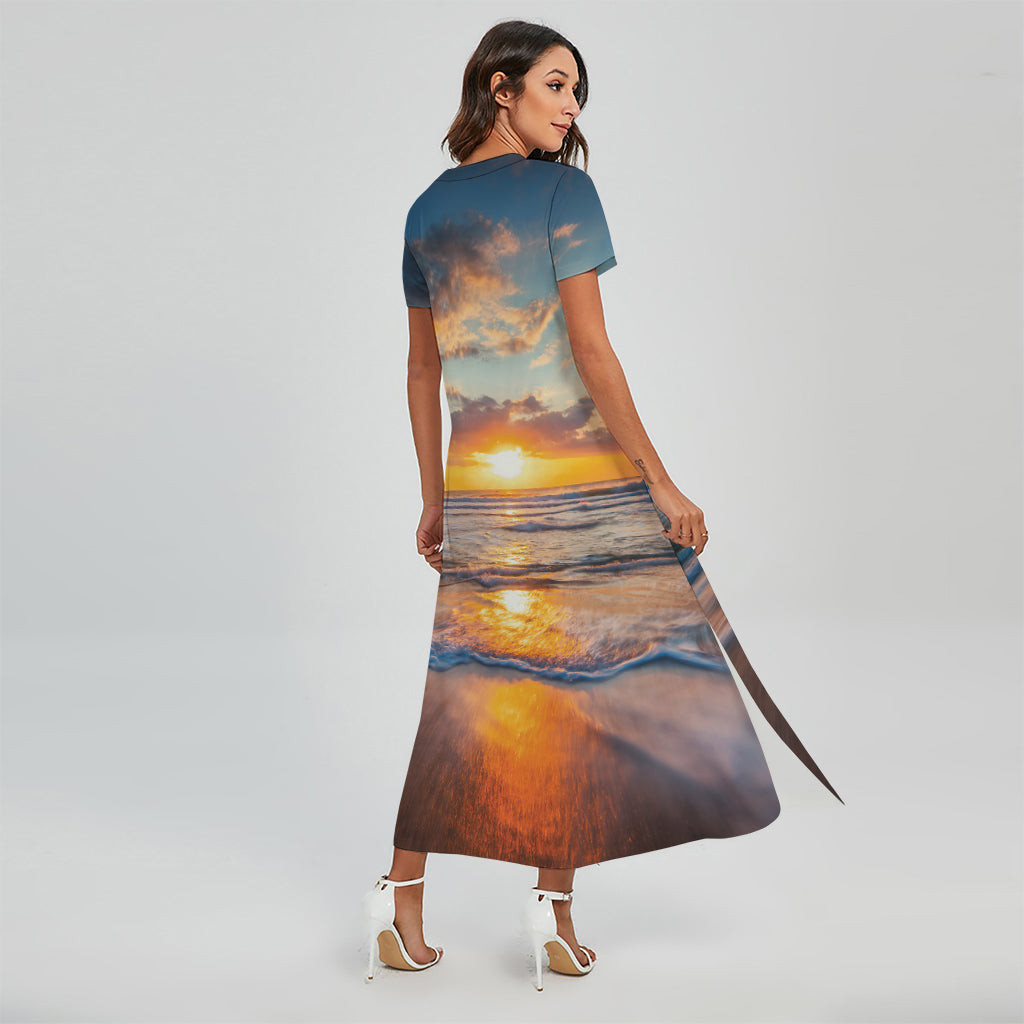 Sunrise Wave Print Short Sleeve Maxi Dress