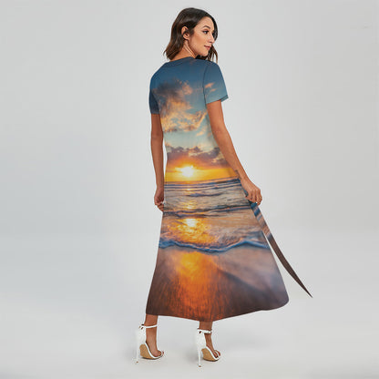 Sunrise Wave Print Short Sleeve Maxi Dress