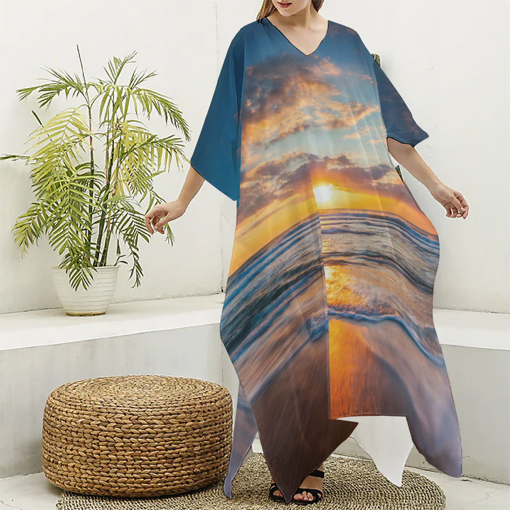 Sunrise Wave Print Silk V-Neck Kaftan Dress