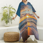 Sunrise Wave Print Silk V-Neck Kaftan Dress