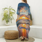 Sunrise Wave Print Silk V-Neck Kaftan Dress