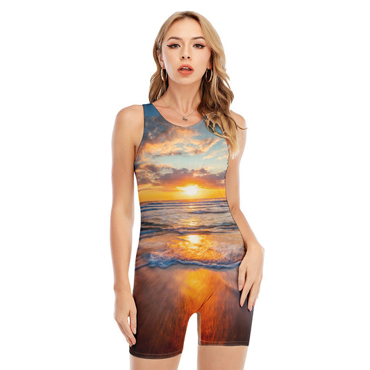 Sunrise Wave Print Sleeveless One Piece Swimsuit