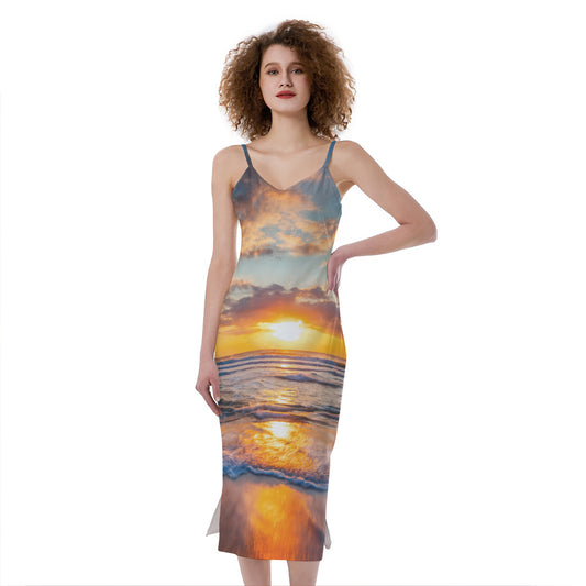 Sunrise Wave Print Slim Fit Midi Cami Dress