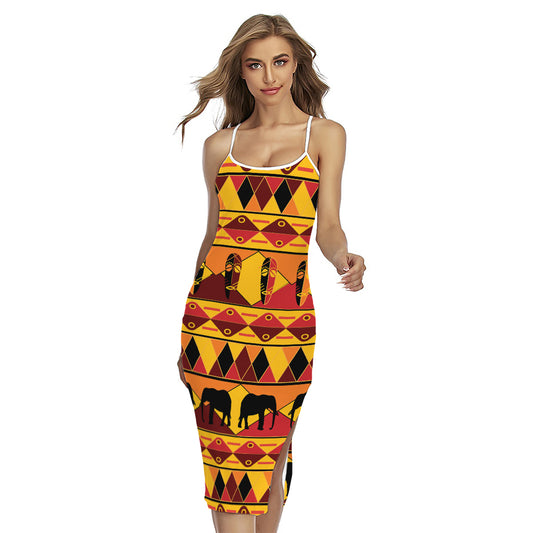 Sunset African Tribal Pattern Print Cross Back Cami Dress