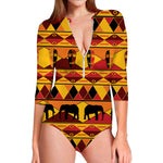 Sunset African Tribal Pattern Print Long Sleeve Swimsuit