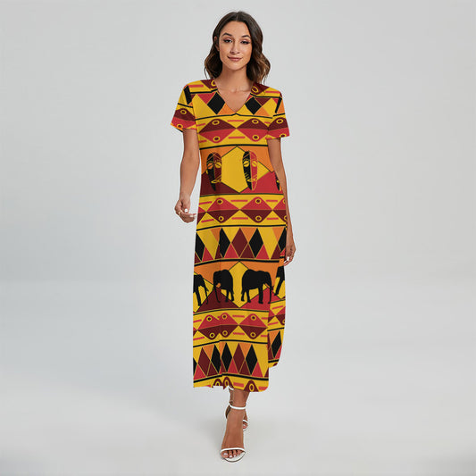 Sunset African Tribal Pattern Print Short Sleeve Maxi Dress