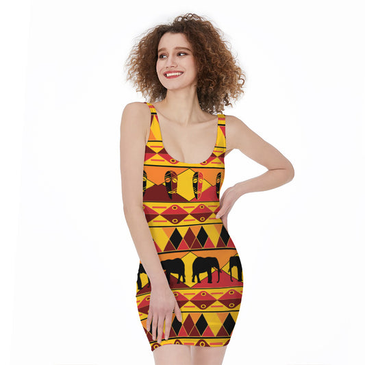 Sunset African Tribal Pattern Print Sleeveless Bodycon Dress