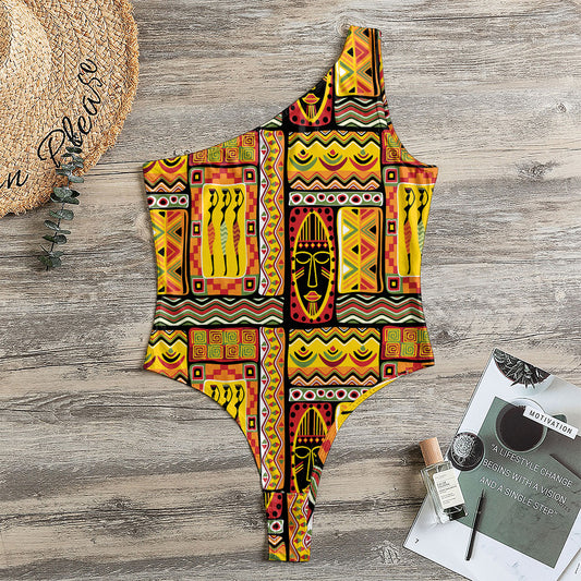 Sunset Ethnic African Tribal Print One Shoulder Bodysuit