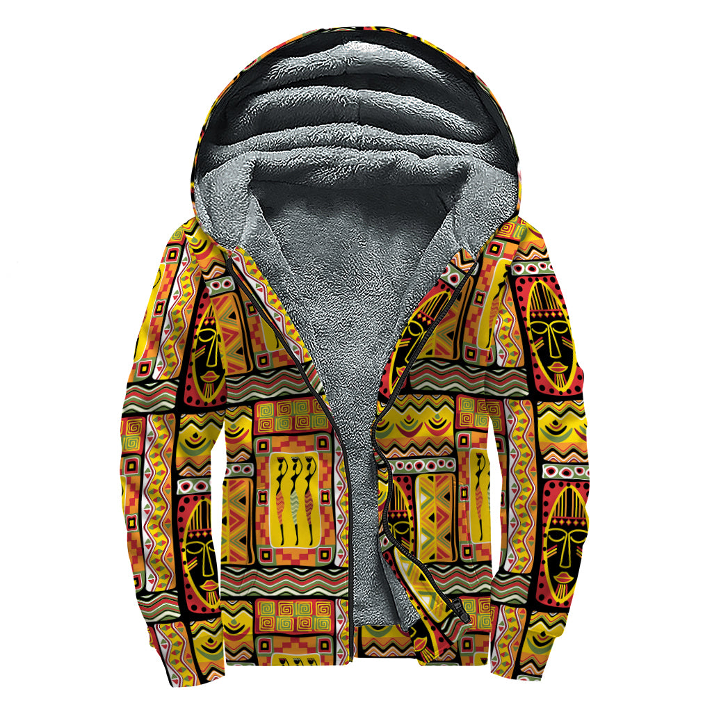 Sunset Ethnic African Tribal Print Sherpa Lined Zip Up Hoodie