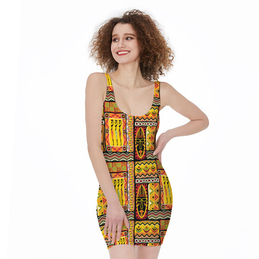 Sunset Ethnic African Tribal Print Sleeveless Bodycon Dress