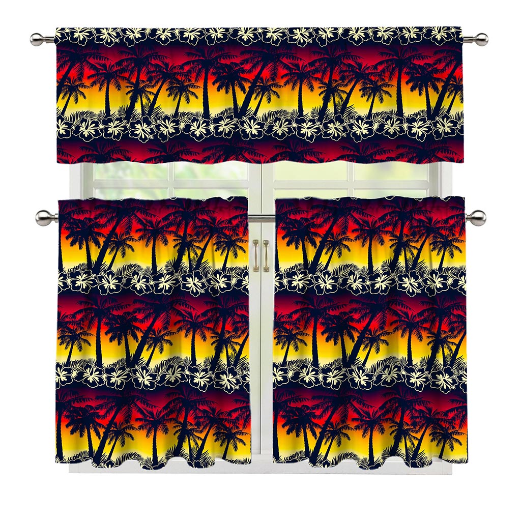 Sunset Hibiscus Palm Tree Pattern Print 3 Piece Kitchen Curtains
