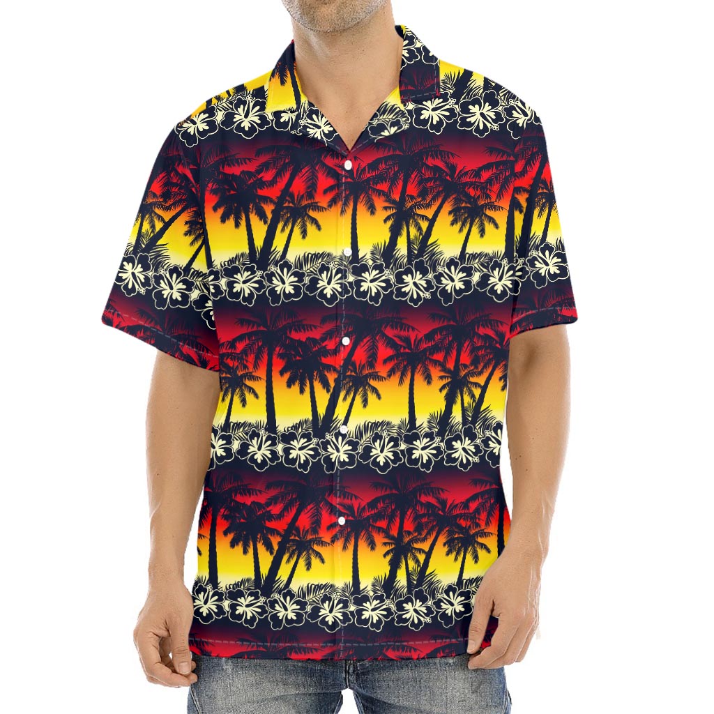 Sunset Hibiscus Palm Tree Pattern Print Aloha Shirt