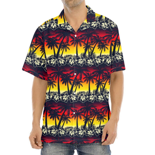 Sunset Hibiscus Palm Tree Pattern Print Aloha Shirt