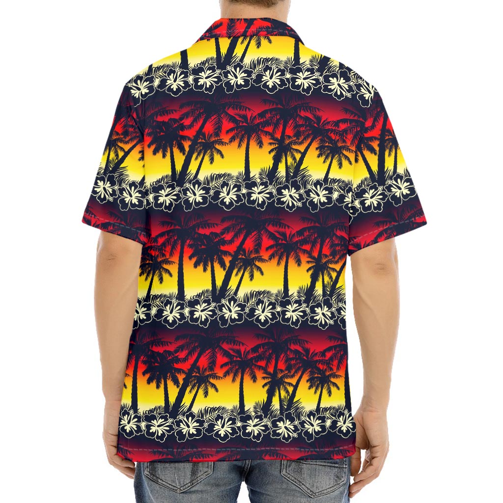 Sunset Hibiscus Palm Tree Pattern Print Aloha Shirt