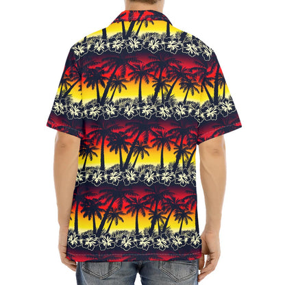 Sunset Hibiscus Palm Tree Pattern Print Aloha Shirt