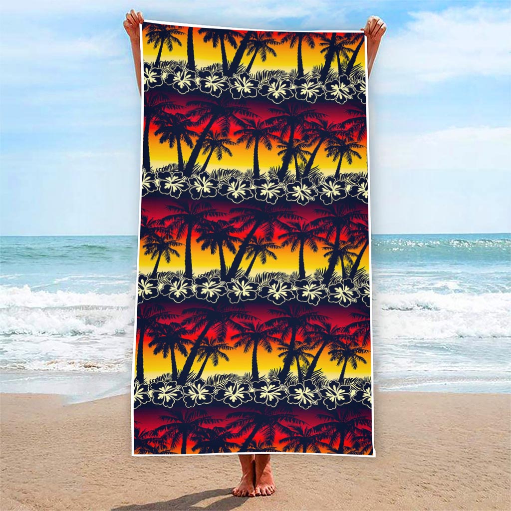 Sunset Hibiscus Palm Tree Pattern Print Beach Towel