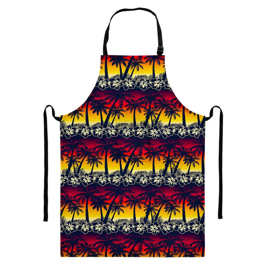 Sunset Hibiscus Palm Tree Pattern Print Bib Apron With Pocket