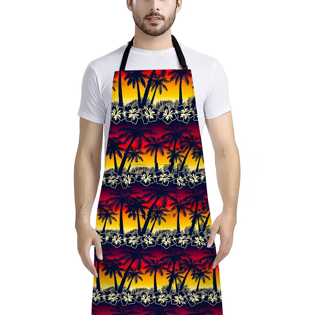 Sunset Hibiscus Palm Tree Pattern Print Bib Apron With Pocket