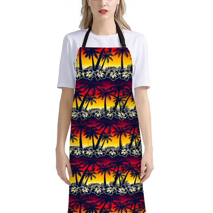 Sunset Hibiscus Palm Tree Pattern Print Bib Apron With Pocket